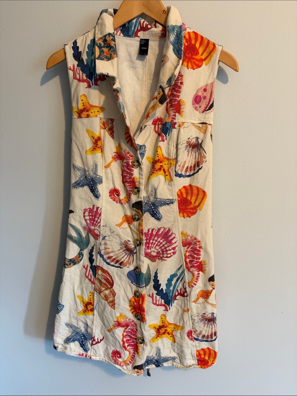 Cider Sleeveless Sea Life Button-Front Tunic in White, Yellow, Blue, Pink